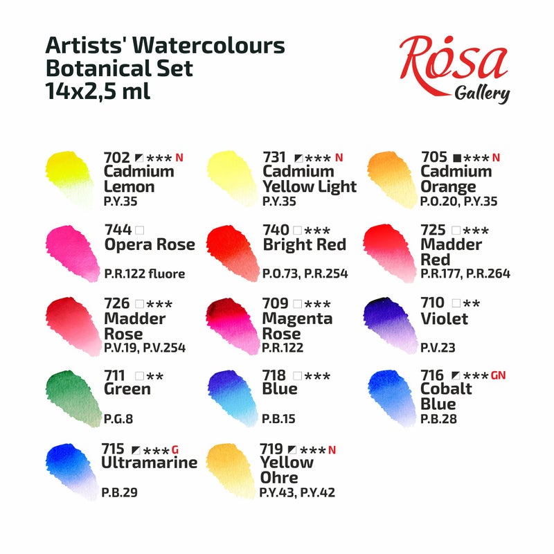 Rosa Gallery مجموعة طلاء الألوان المائية من روزا جاليري، لوحة ألوان نباتية فريدة كاملة، علبة معدنية 2.5 مل، ألوان مائية احترافية فائقة الدقة (14 مقلاة كاملة) - Image 3